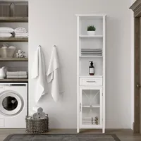 Teamson Home Floor Standing Bathroom Wooden Cabinet Storage Shelves Draw Glass Door White