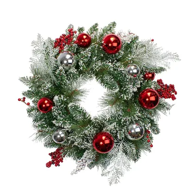 Flocked Mixed Pine With Ornaments And Berries Artificial Christmas Wreath, 24-inch, Unlit