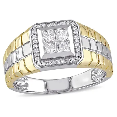 Men's 1/2 Ct Tw Diamond Princess Cut Quad Halo Ring 10k 2-tone Gold
