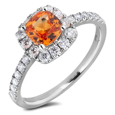 18k White Gold 0.70 Ct Orange Sapphire Gemstone & 0.48 Cttw Diamond Halo Style Ring