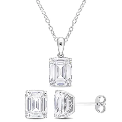 2-piece Set 7 1/2 Ct Dew Created Moissanite Emerald-cut Solitaire Pendant With Chain And Earrings In Sterling Silver