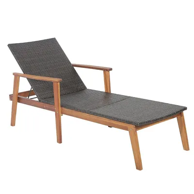 Patio Rattan Chaise Lounge Chair Recliner Back Adjustable Acacia Wood Garden