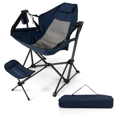 Hammock Camping Chair W/ Retractable Footrest & Carrying Bag For Camping Picnic Navy