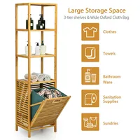 Bathroom Tilt-out Laundry Hamper Bamboo Tower Hamper W/3-tier Shelves