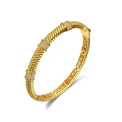 14k Yellow Gold Plating With Cubic Zirconia 3d Textured Bangle Bracelet