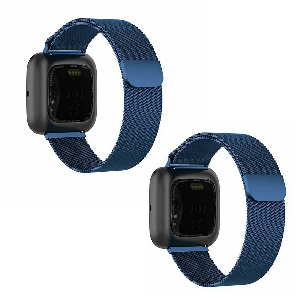 2pcs Milanese Stainless Magnetic Smart Watch Band Wristband For Fitbit Versa /2/lite (small,blue)