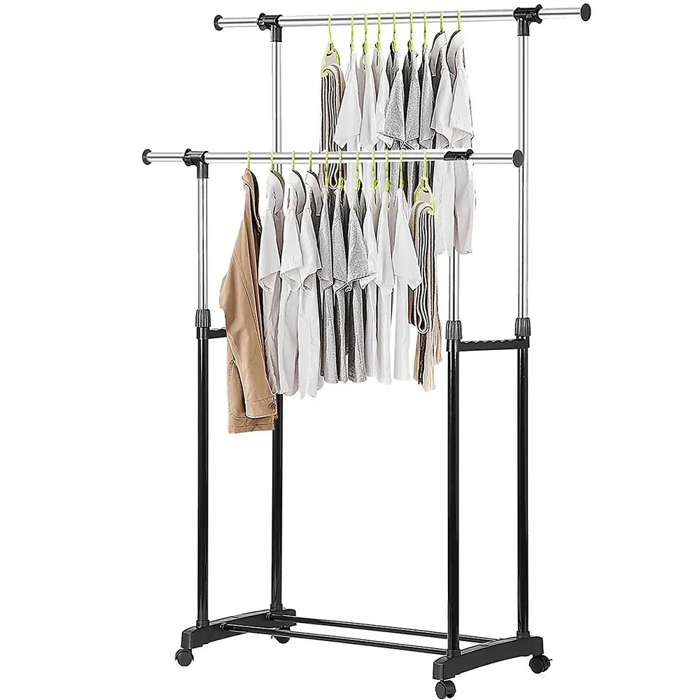 Double Clothing Garment Rack, Rolling Clothes Organizer Shelf For Hanging Clothes