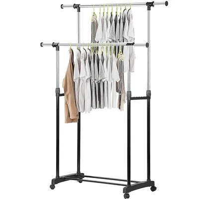 Double Clothing Garment Rack, Rolling Clothes Organizer Shelf For Hanging Clothes