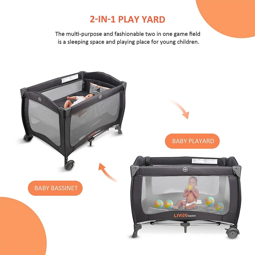 2-in-1 Foldable Baby Playard And Bassinet, Baby Play Yard Nursery Center With Storage Bag And Wheels