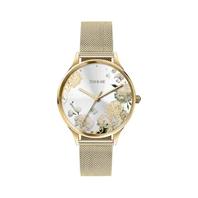 Bichette 3D Flower Dial Goldtone Stainless Steel Mesh Strap Watch ME010230