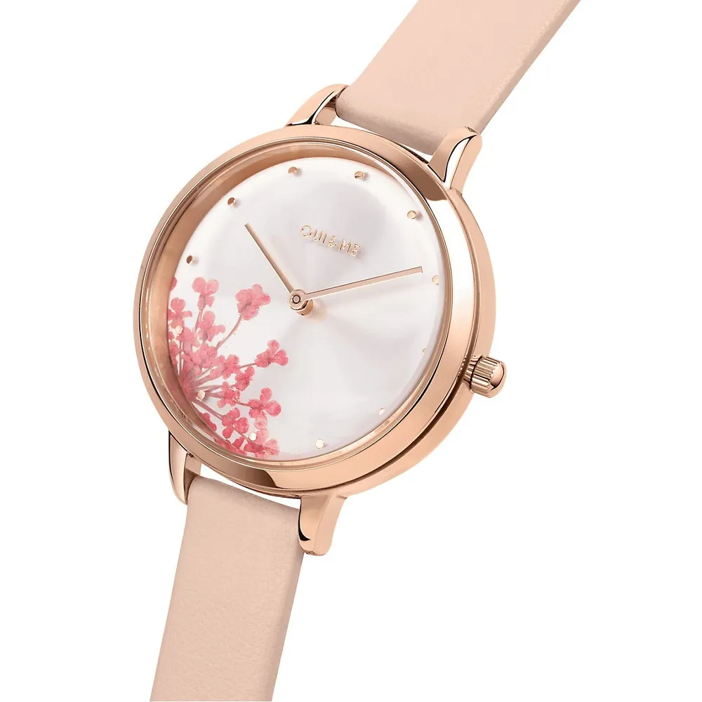 Fleurette Rose Goldtone & Recyled Pink Leather Strap Watch ME010188