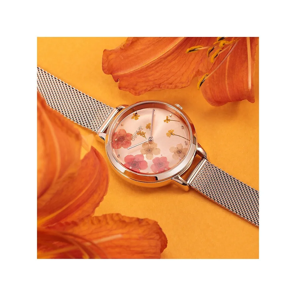 Montre de la collection Fleurette avec cadran 3D rose doré et bracelet en maille