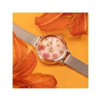 Montre de la collection Fleurette avec cadran 3D rose doré et bracelet en maille