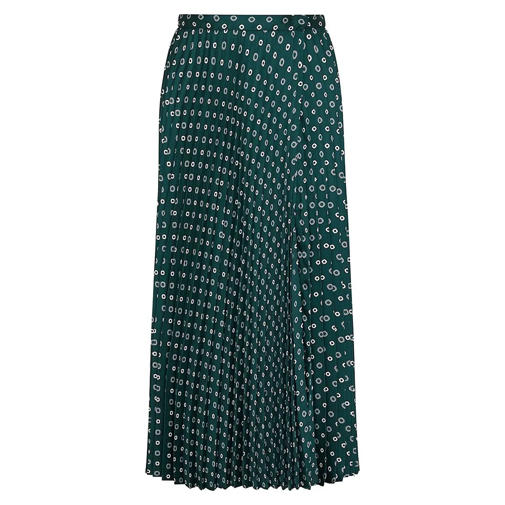 Printed Pleated Twill Midi Skirt