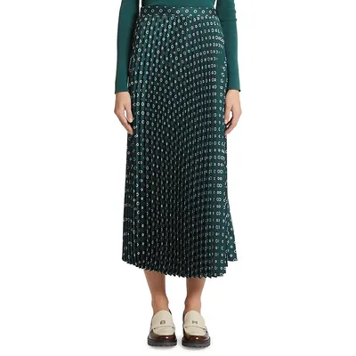 Printed Pleated Twill Midi Skirt