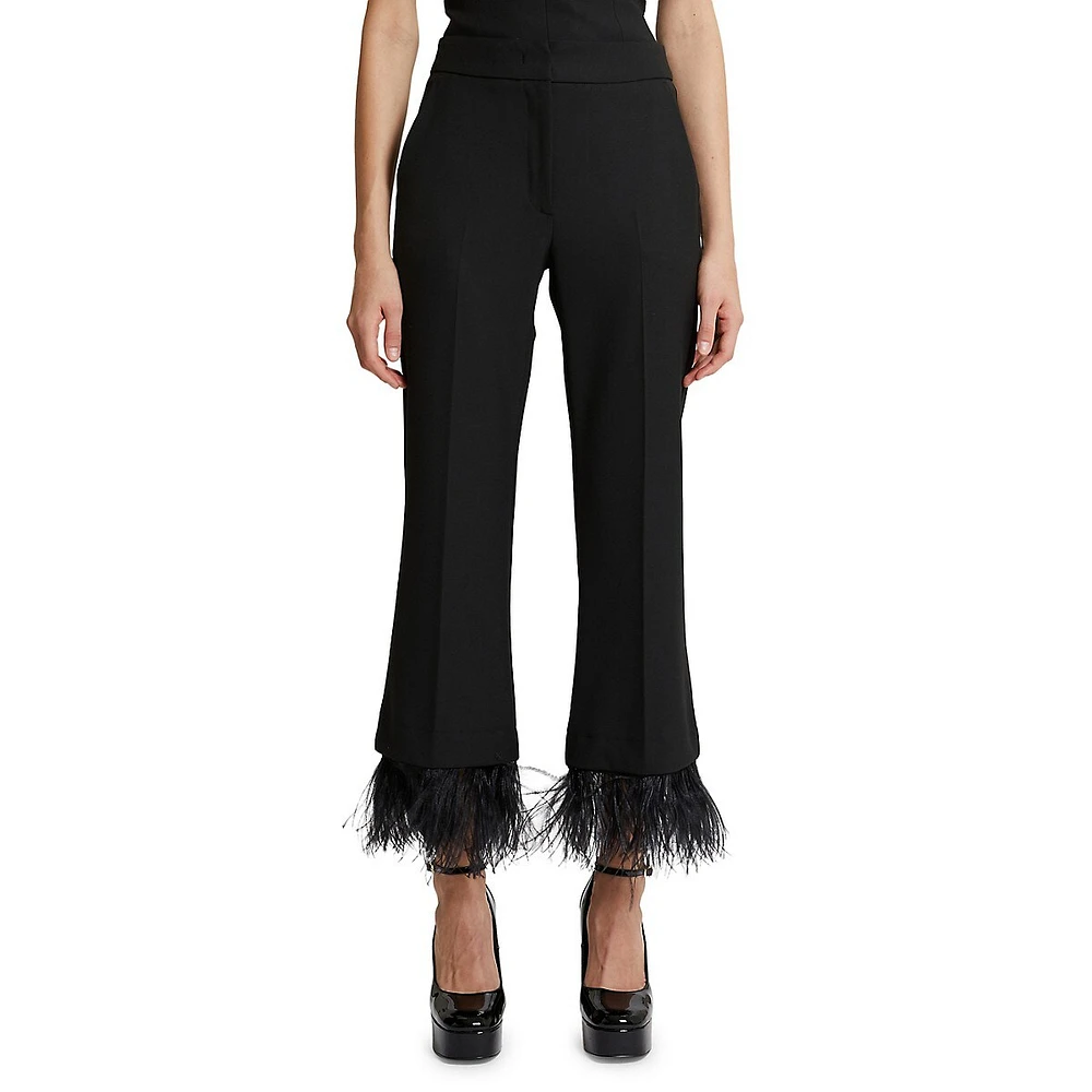 Feather-Trimmed Flared & Cropped Dress Pants