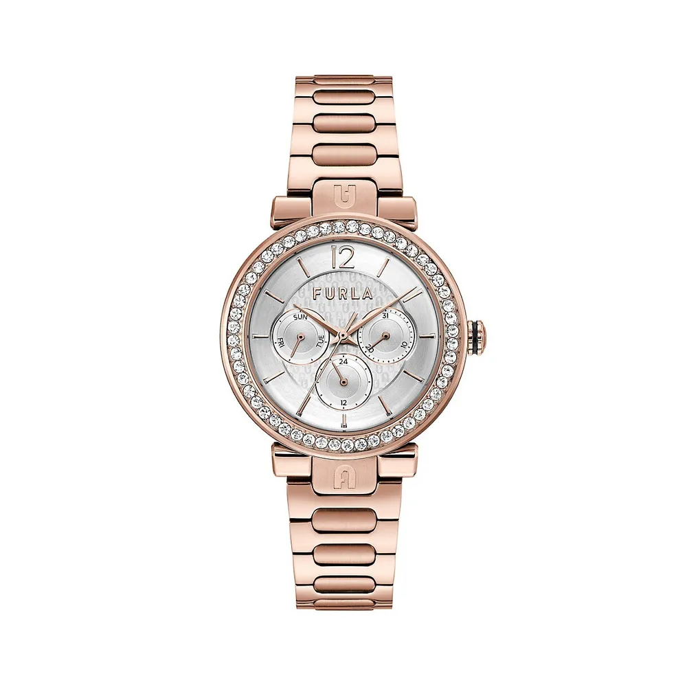 Multifunction Rose Goldtone Stainless Steel & Swarovski Crystal Bracelet Watch