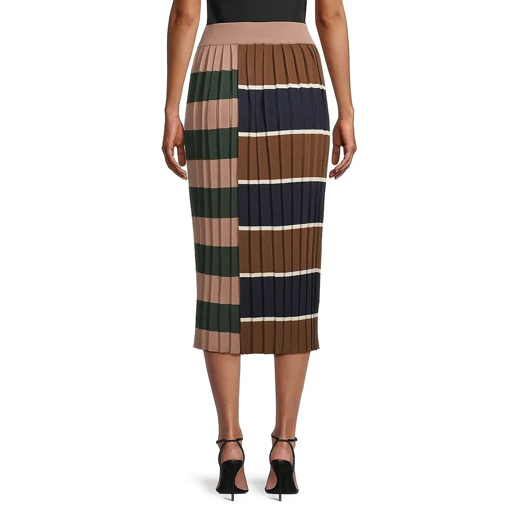 Striped and Pleated Wool-Blend Midi Skirt