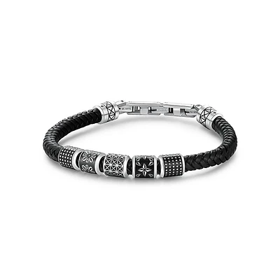 Men's Bullet Stainless Steel, Black Enamel & Black Leather Bracelet