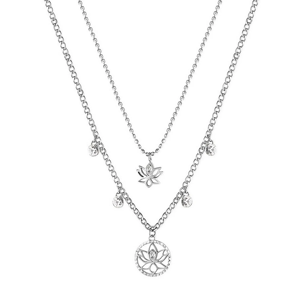 Chakra Stainless Steel & Crystal Lotus Flower Pendant Double-Strand Necklace