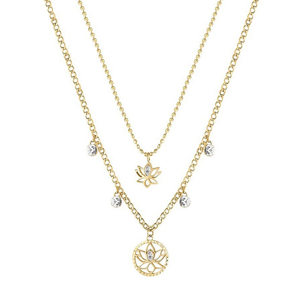 Chakra 14K Gold PVD Stainless Steel & Crystal Lotus Flower Pendant Double-Strand Necklace