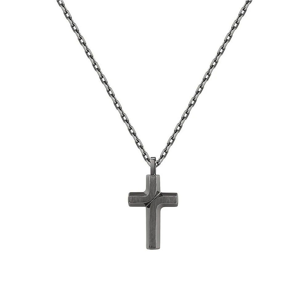 Men's Backliner Ruthenium-Colour Stainless Steel Cross Pendant Necklace