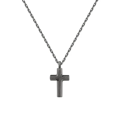 Men's Backliner Ruthenium-Colour Stainless Steel Cross Pendant Necklace