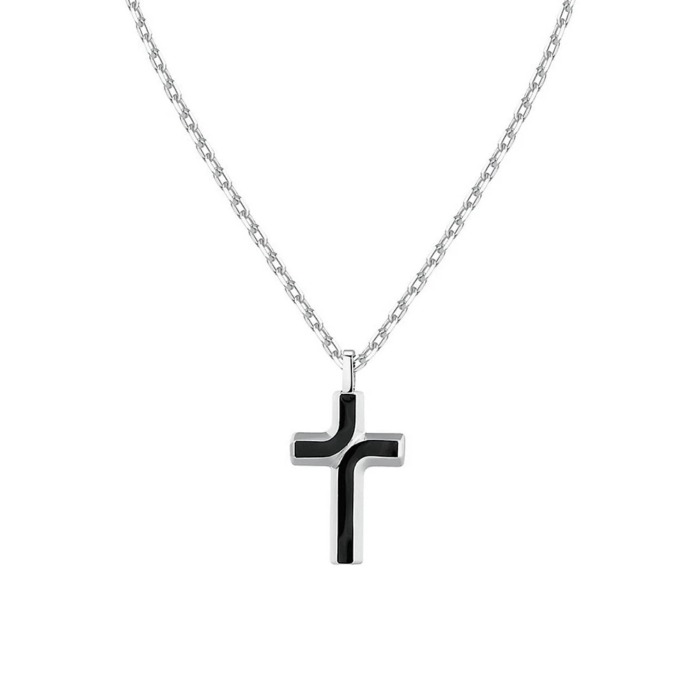 Men's Backliner Stainless Steel & Black Enamel Cross Pendant Necklace