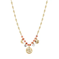 Chakra 14K Gold PVD Stainless Steel, Coral Chalcedony & Crystal Lotus Flower Pendant Choker Necklace