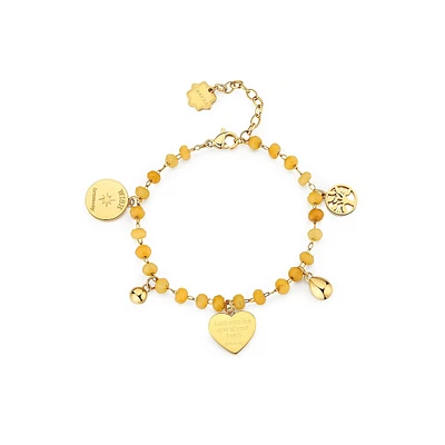 Chakra 14K Gold PVD Stainless Steel & Honey Chalcedony Heart & Tree Of Life Charm Bracelet