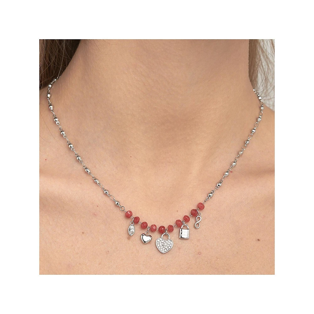 Chakra Stainless Steel, Red Chalcedony & Crystal Heart Pendant Choker Necklace