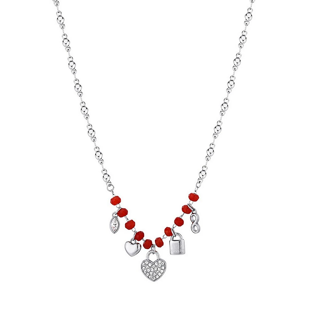 Chakra Stainless Steel, Red Chalcedony & Crystal Heart Pendant Choker Necklace