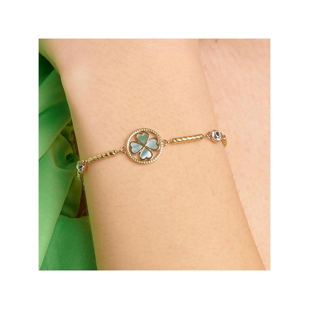 Chakra 14K Gold PVD Stainless Steel, Crystal & Mother-Of-Pearl Four-Leaf Clover Bracelet