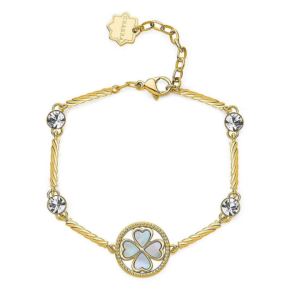 Chakra 14K Gold PVD Stainless Steel, Crystal & Mother-Of-Pearl Four-Leaf Clover Bracelet