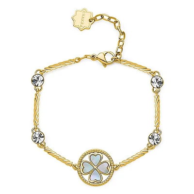 Chakra 14K Gold PVD Stainless Steel, Crystal & Mother-Of-Pearl Four-Leaf Clover Bracelet