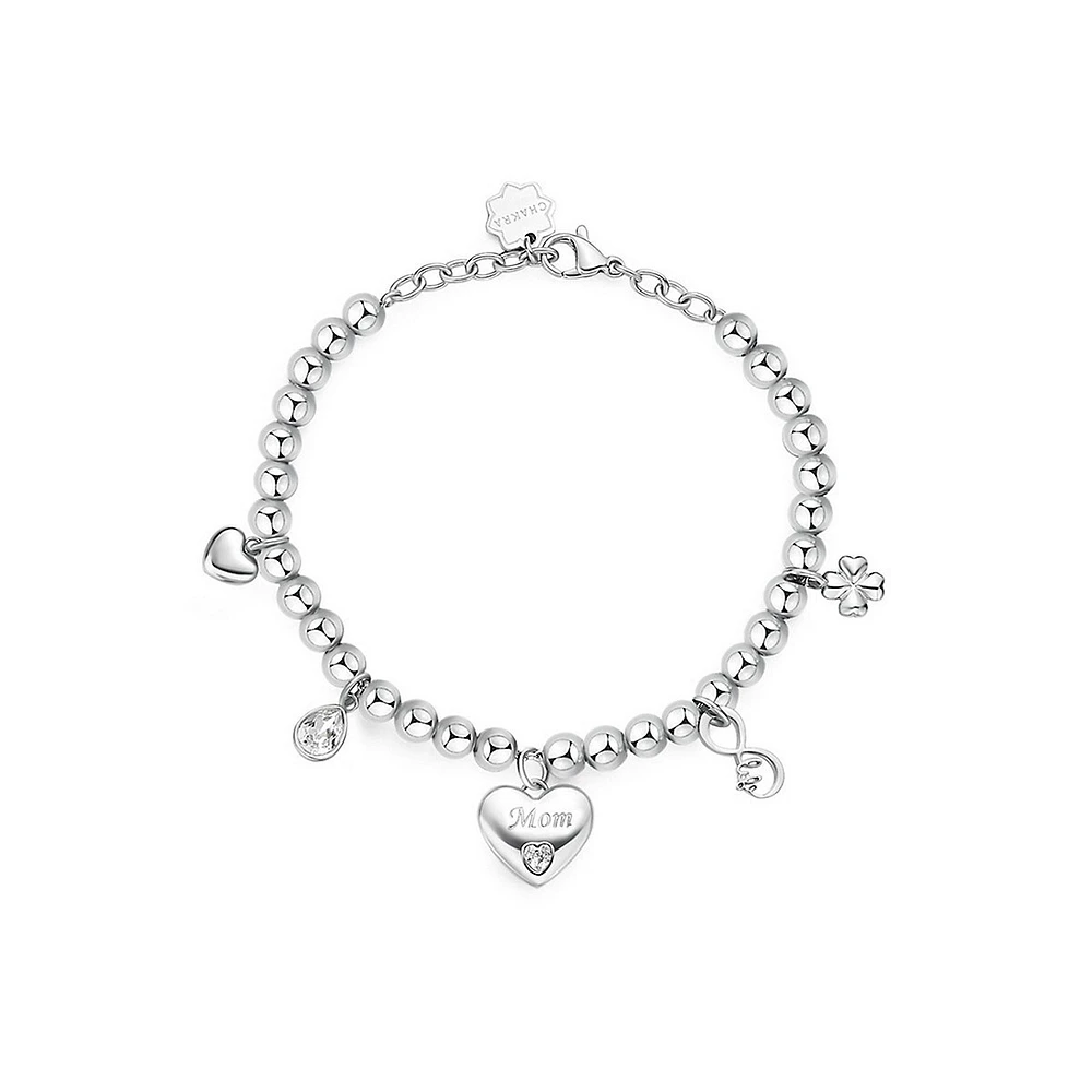 Chakra Stainless Steel & Crystal "Mom" Heart Charm Bracelet