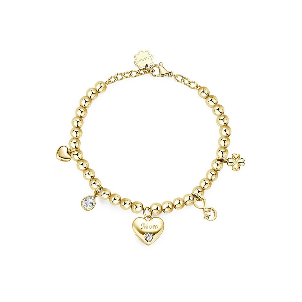 Chakra 14K Gold PVD Stainless Steel & Crystal "Mom" Heart Charm Bracelet