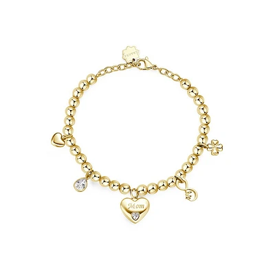 Chakra 14K Gold PVD Stainless Steel & Crystal "Mom" Heart Charm Bracelet