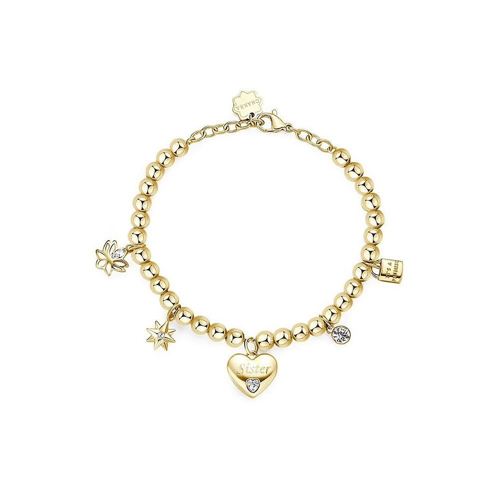 Chakra 14K Gold PVD Stainless Steel & Crystal "Sister" Heart Charm Bracelet