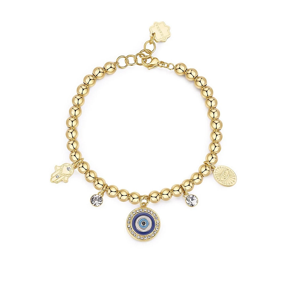 Chakra 14K Gold PVD Stainless Steel, Crystal & Enamel Evil Eye Charm Bracelet