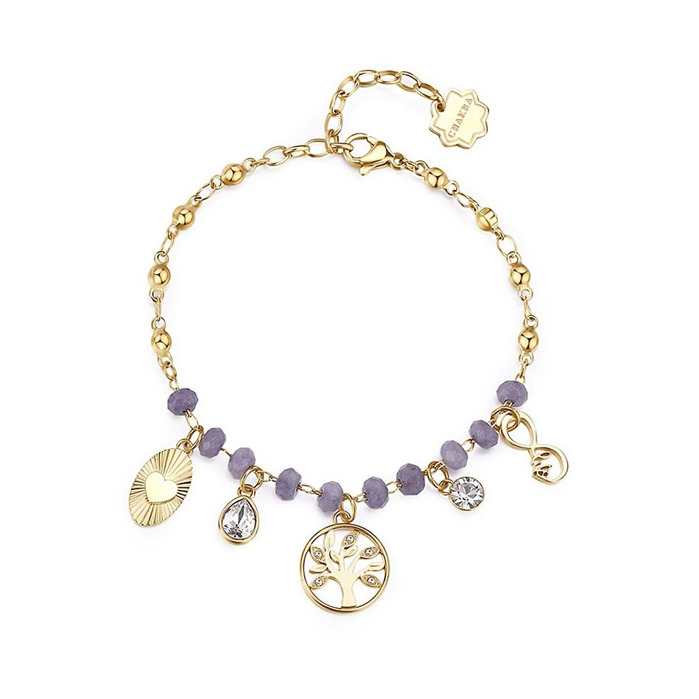 Chakra 14K Gold PVD Stainless Steel, Purple Calcedony & Crystal Tree Of Life Charm Bracelet