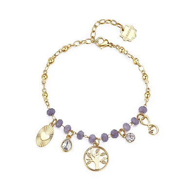 Chakra 14K Gold PVD Stainless Steel, Purple Calcedony & Crystal Tree Of Life Charm Bracelet