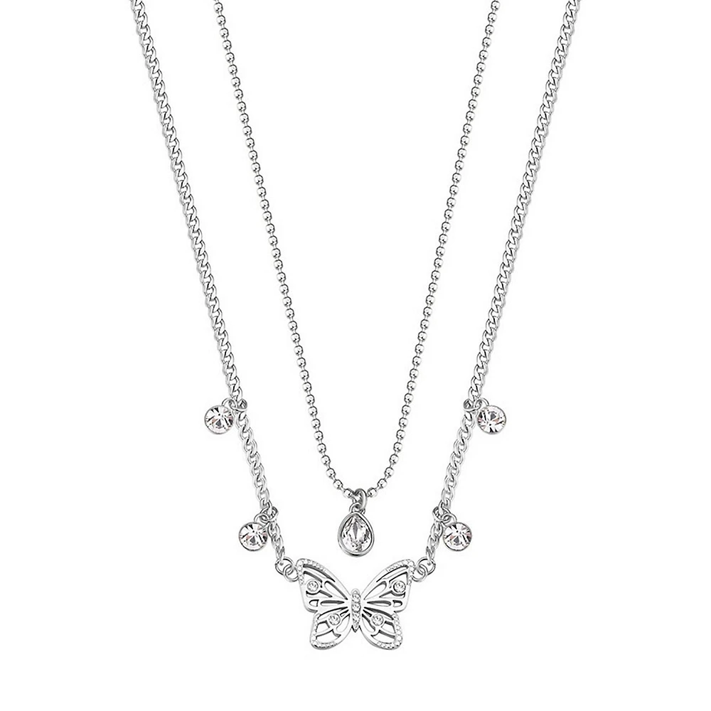 Chakra Stainless Steel & Crystal Butterfly Pendant Double-Strand Necklace