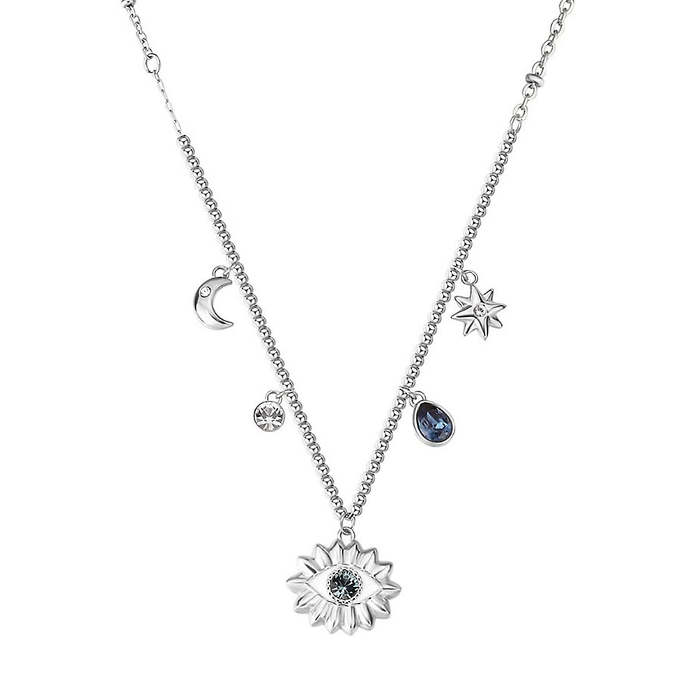 Chakra Stainless Steel & Sapphire-Tone Crystal Evil Eye Pendant Necklace