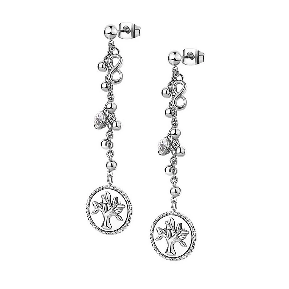 Chakra Stainless Steel & Crystal Tree Of Life Chain Drop Earrings