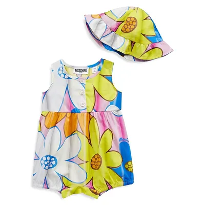 Baby Girl's Maxi Floral-Print 2-Piece Romper & Hat Set