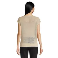 Cotton-Linen Short-Sleeve Open-Knit Sweater