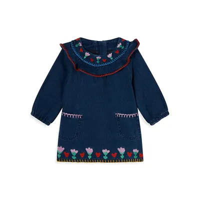Baby Girl's Floral-Embroidery Denim Dress