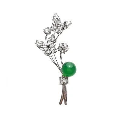Green Chalcedony Jade Bead Crystal Pansies Brooch