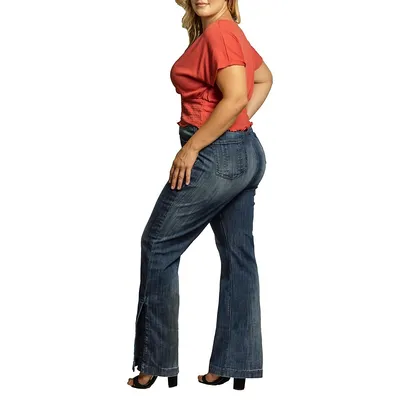 Women's Plus Stretch High Waist Slit Hem Flared Jeans Whisker Wash